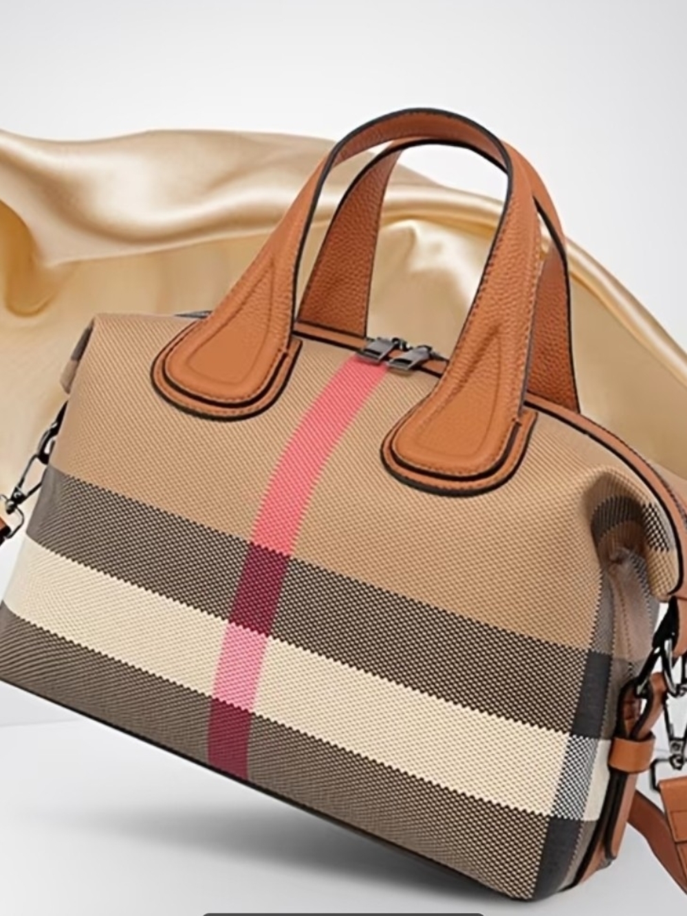 Women's Vintage Plaid Boston Bag with Detachable Strap Red, Black Tan Cream - Picture 4 of 9